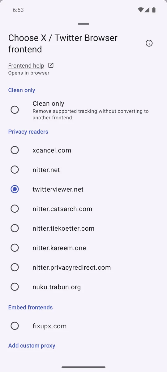 FixupXer Browser frontend picker with a reader selected for X links.